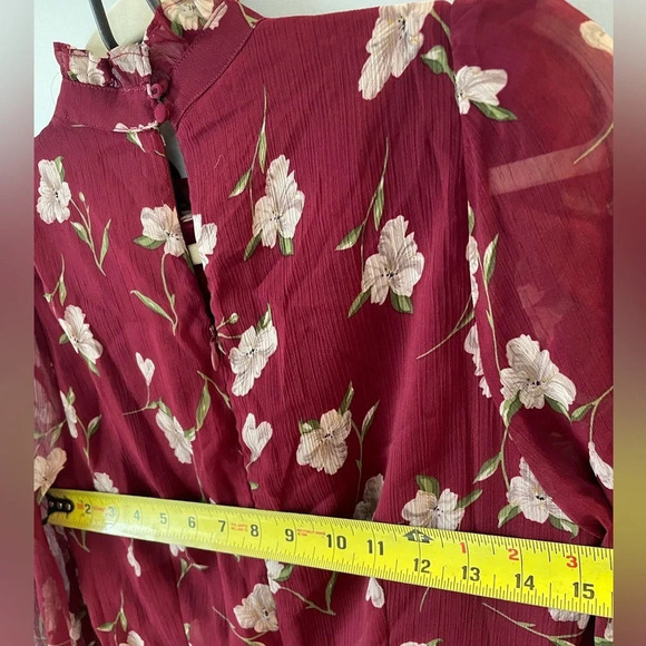 LucyParis, burgundy floral high neck dress with sheer puff sleeves, size XS, EUC - Picture 7 of 8